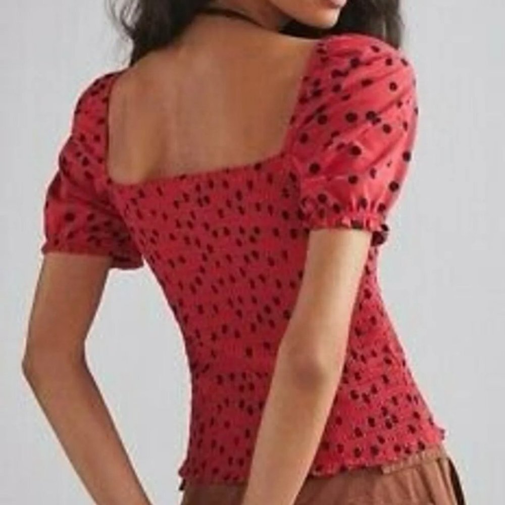 NEW ANTHROPOLOGIE DOLAN BLOUSE XL POLKA DOT SMOCK TOP RED BLACK PUFF SLEEVE NWOT - Picture 9 of 10